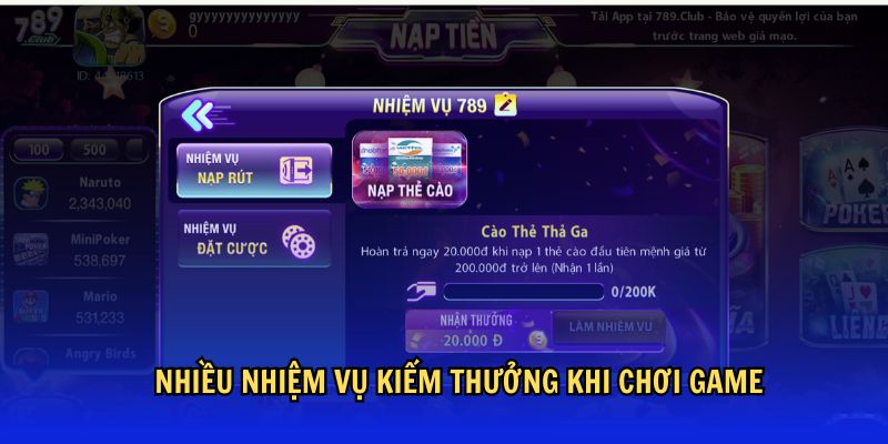 Nhiều nhiệm vụ kiếm tiền mỗi ngày tại 789club